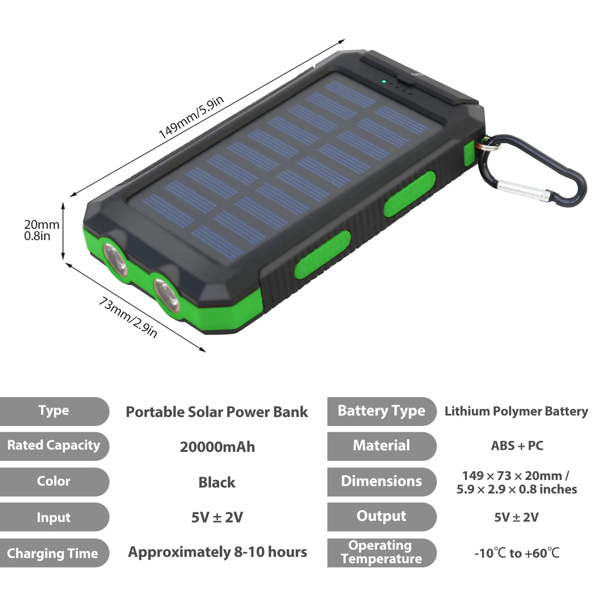 20000mAh Waterproof Solar Power Bank with Dual 5V USB Ports, LED Flashlight, and Compass for Outdoor Camping