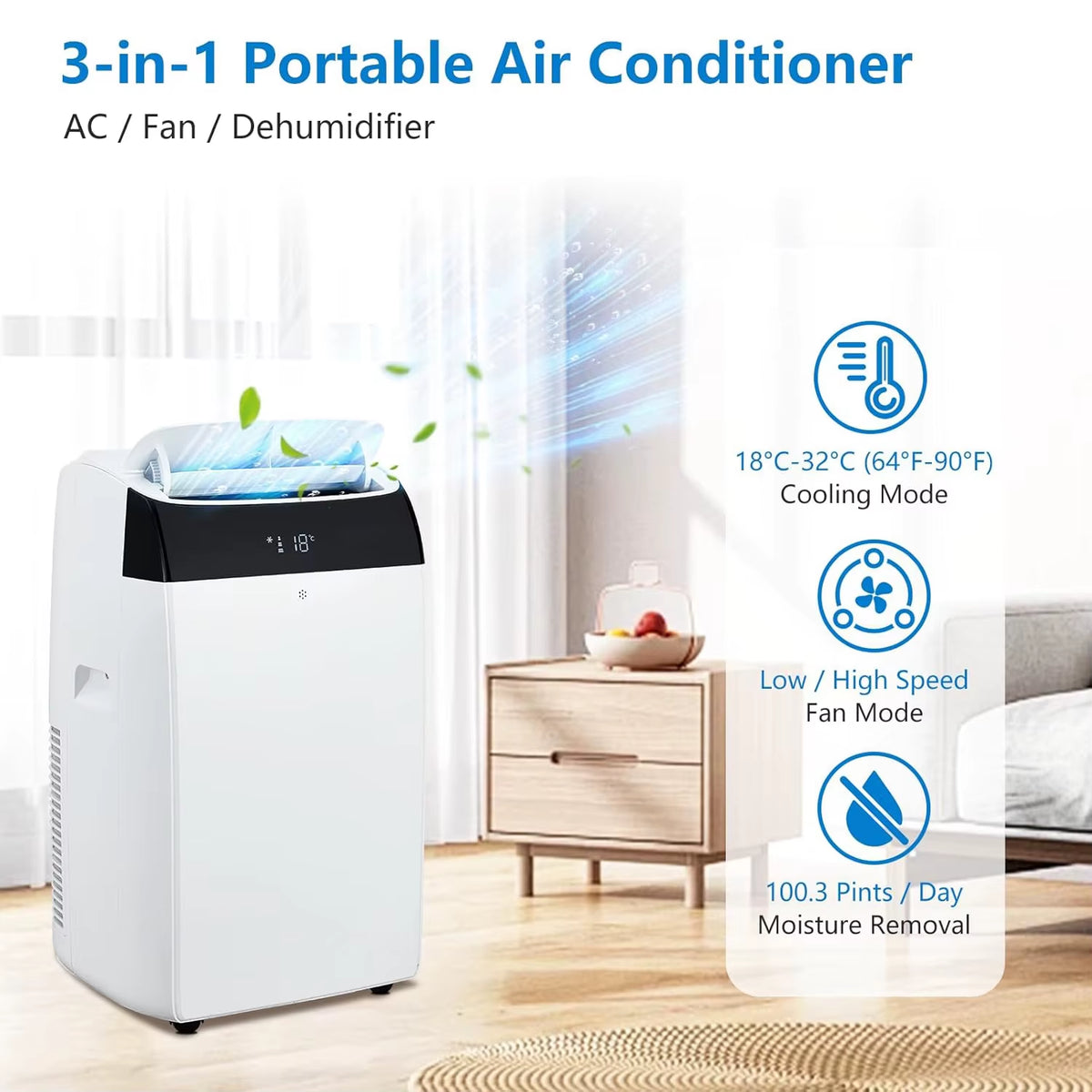 14000 BTU Portable Air Conditioner - 3-in-1 Free Standing Cooling Unit with Fan, Dehumidifier, Remote Control, and Sleep Mode