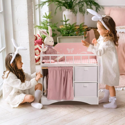 Robotime Wooden Baby Doll Crib with Storage and Bedding, Fits Dolls up to 21", Suitable for Girls 3+, Pink