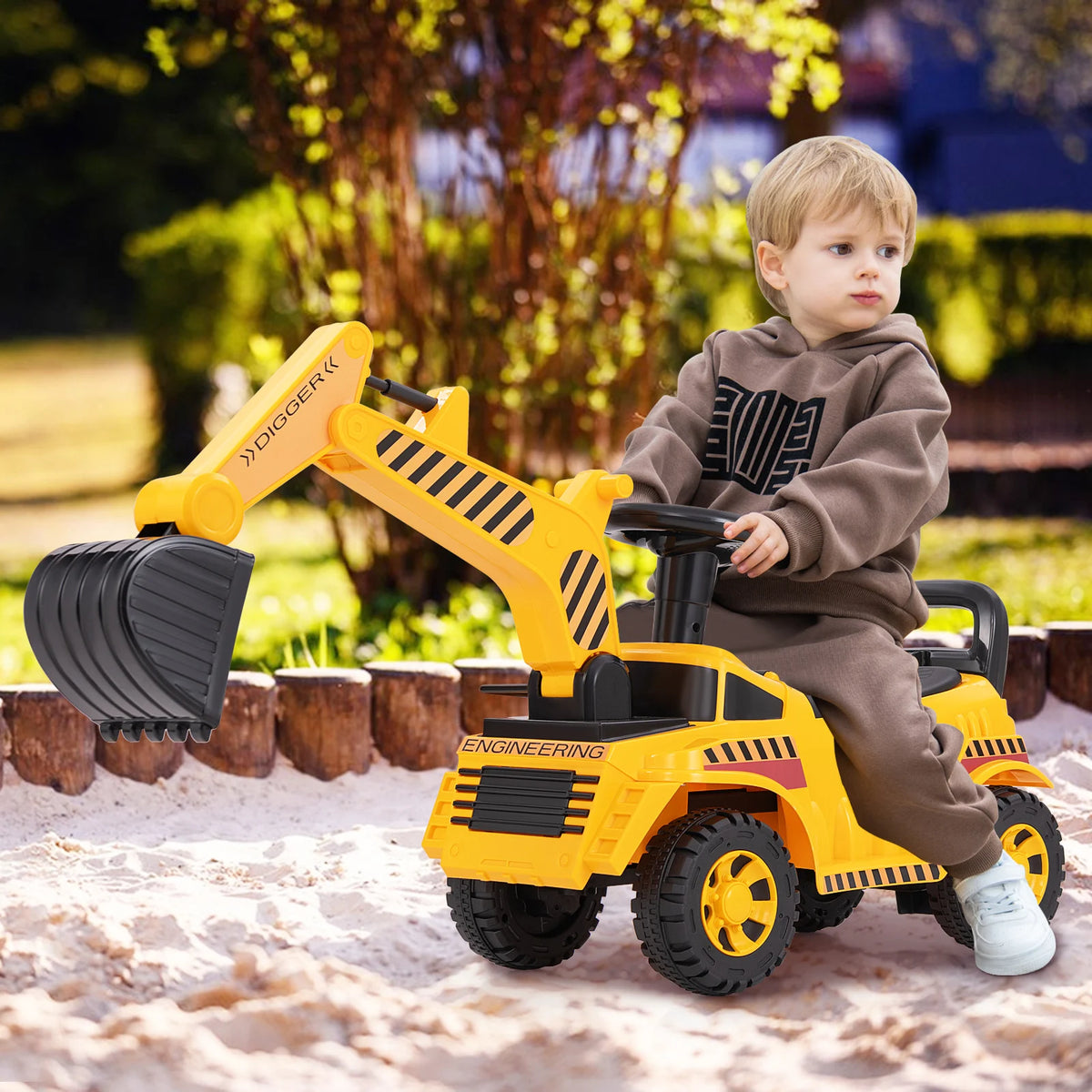 Children's Ride-On Excavator with Adjustable Shovel, Anti-Tipping Block, and Engine Sound Features