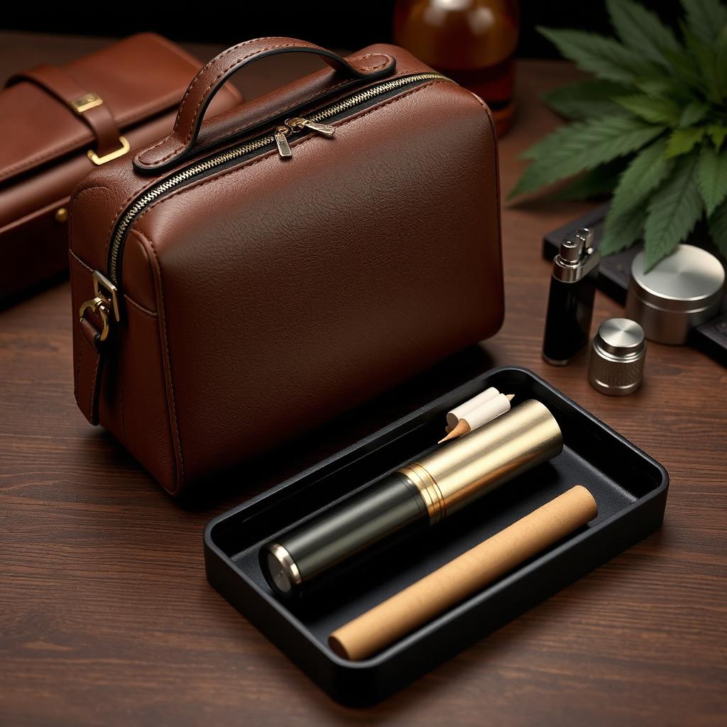 BYBEEJ Luxury Tobacco Smoke Kit - Smell Proof PU Cover Bag with Shoulder Strap, Metal Rechargeable Lighter, Zinc Alloy Grinder, Cig Roller, Rolling Papers, Filter Tips, Wooden Push Rod, Black Metal Tray, Cigarette Case - 10-Piece Odorless Storage Set