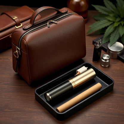 BYBEEJ Luxury Tobacco Smoke Kit - Smell Proof PU Cover Bag with Shoulder Strap, Metal Rechargeable Lighter, Zinc Alloy Grinder, Cig Roller, Rolling Papers, Filter Tips, Wooden Push Rod, Black Metal Tray, Cigarette Case - 10-Piece Odorless Storage Set