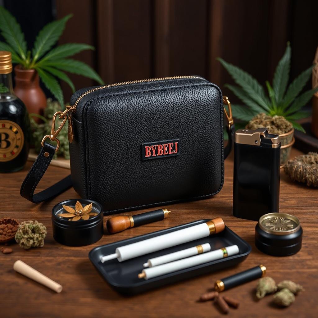 BYBEEJ Luxury Tobacco Smoke Kit - Smell Proof PU Cover Bag with Shoulder Strap, Metal Rechargeable Lighter, Zinc Alloy Grinder, Cig Roller, Rolling Papers, Filter Tips, Wooden Push Rod, Black Metal Tray, Cigarette Case - 10-Piece Odorless Storage Set