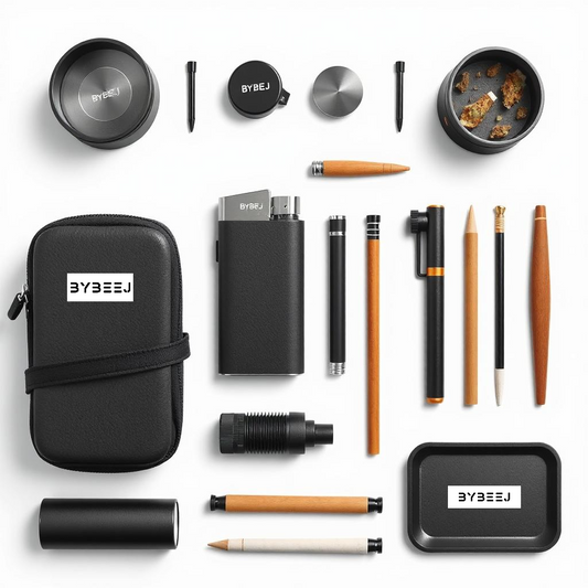 BYBEEJ Luxury Tobacco Smoke Kit - Smell Proof PU Cover Bag with Shoulder Strap, Metal Rechargeable Lighter, Zinc Alloy Grinder, Cig Roller, Rolling Papers, Filter Tips, Wooden Push Rod, Black Metal Tray, Cigarette Case - 10-Piece Odorless Storage Set