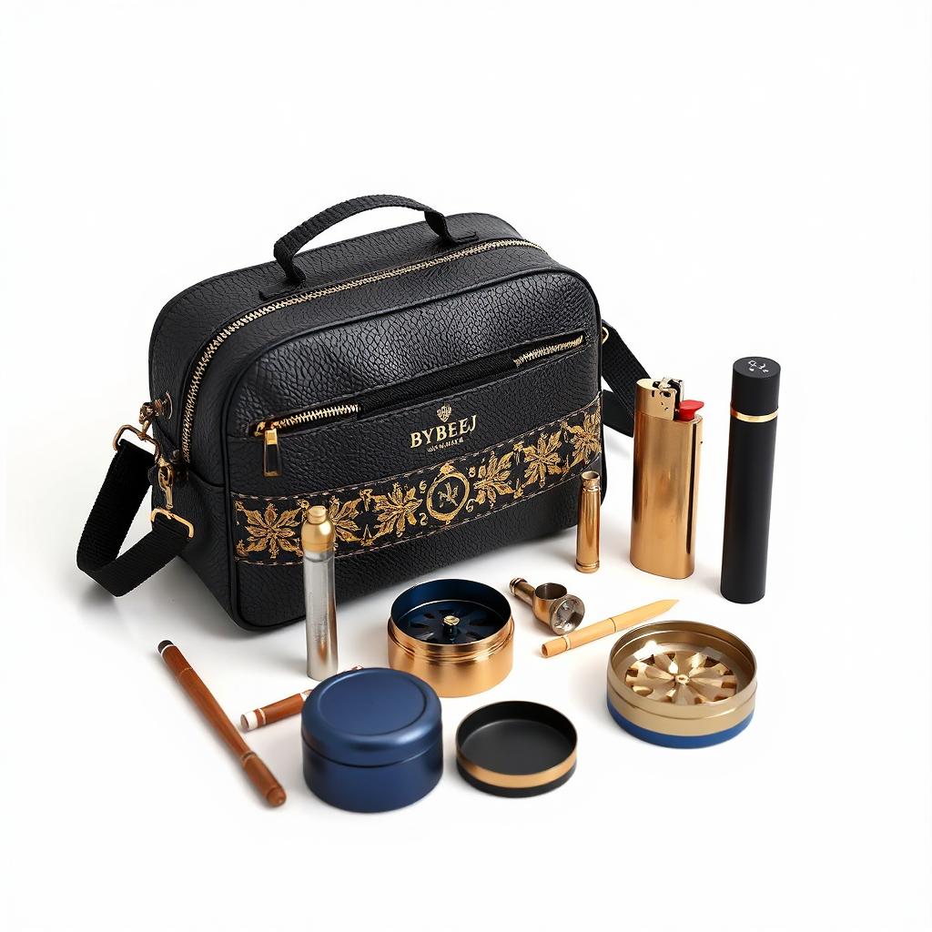 BYBEEJ Luxury Tobacco Smoke Kit - Smell Proof PU Cover Bag with Shoulder Strap, Metal Rechargeable Lighter, Zinc Alloy Grinder, Cig Roller, Rolling Papers, Filter Tips, Wooden Push Rod, Black Metal Tray, Cigarette Case - 10-Piece Odorless Storage Set
