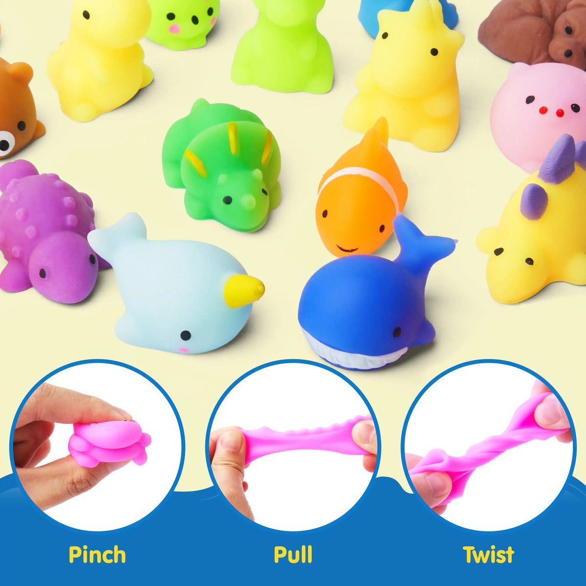 Joyfy 100-Piece Mini Animal and Fruit Mochi Squishies - Ideal Party Favors, Stress Relief, and Novelty Fidget Toys for Kids' Birthdays