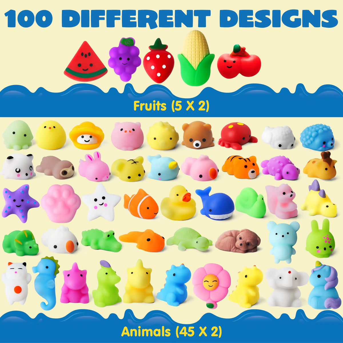 Joyfy 100-Piece Mini Animal and Fruit Mochi Squishies - Ideal Party Favors, Stress Relief, and Novelty Fidget Toys for Kids' Birthdays