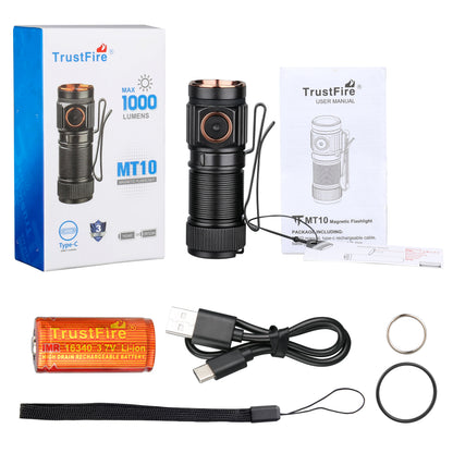 MT10 Rechargeable LED EDC Flashlight 1000 Lumens Type USB C Charging Torch Mini 16340 Light MVB Optics with Magnet Lan