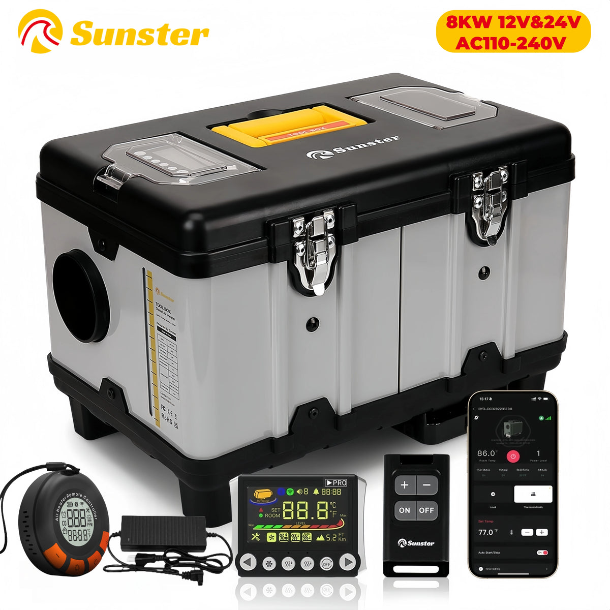 Tb10Pro 8KW Diesel Auxiliary Heater with CO Alarm for 12/24/220V - Portable Night Heater for Car, RV, Camper, Tent, Home, and Garage