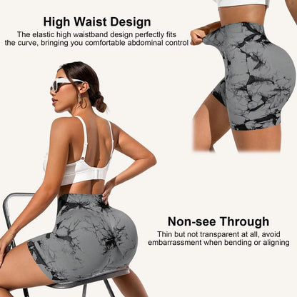 2Pcs Women'S High-Waist Tie-Dye Yoga Shorts - Seamless, Booty Lifting, Stretchy Nylon & Spandex Blend, Red & Grey