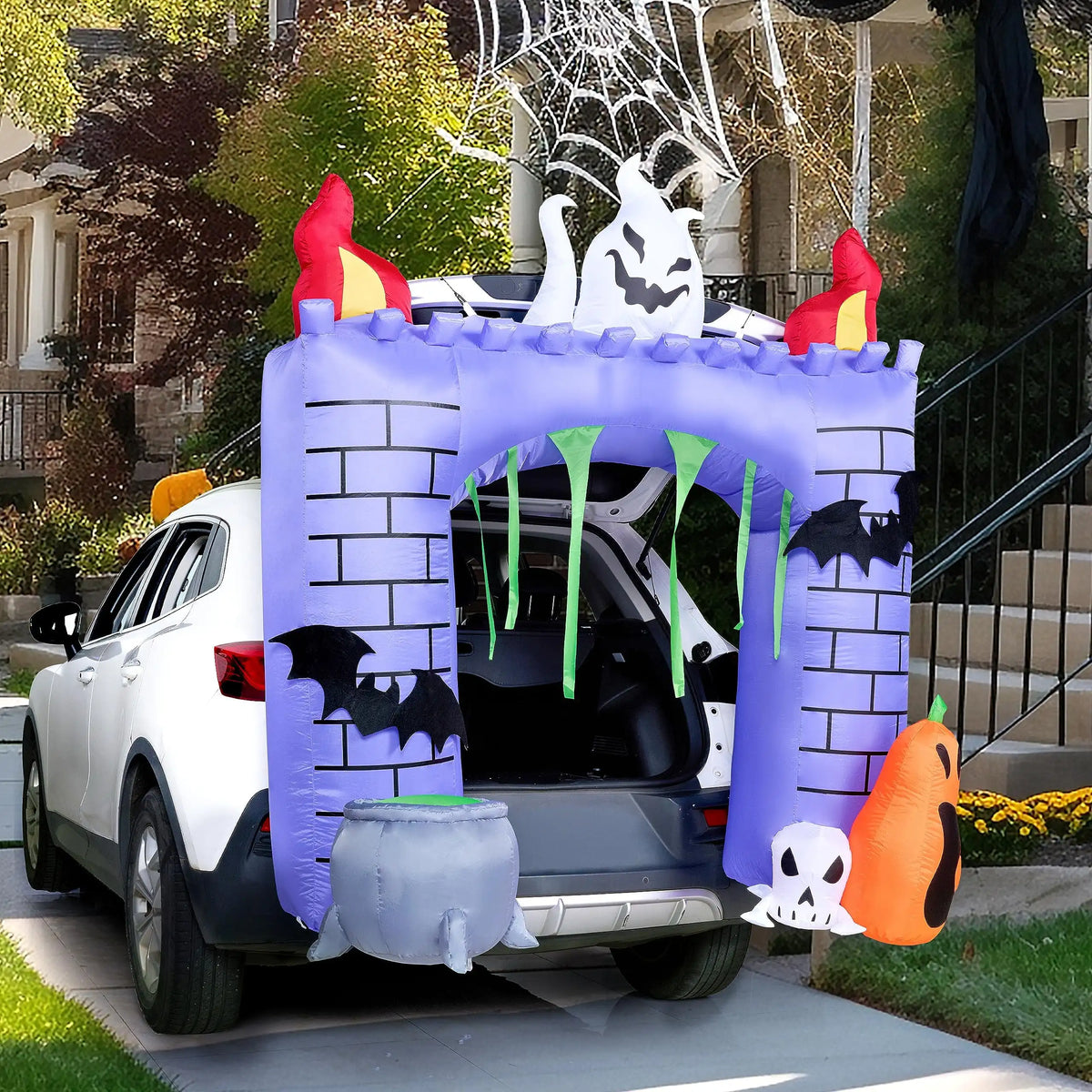 6-Foot Tall Inflatable Haunted Castle Decoration for Halloween with Ghost and Pumpkin Trunk or Treat Car Decorations Kit