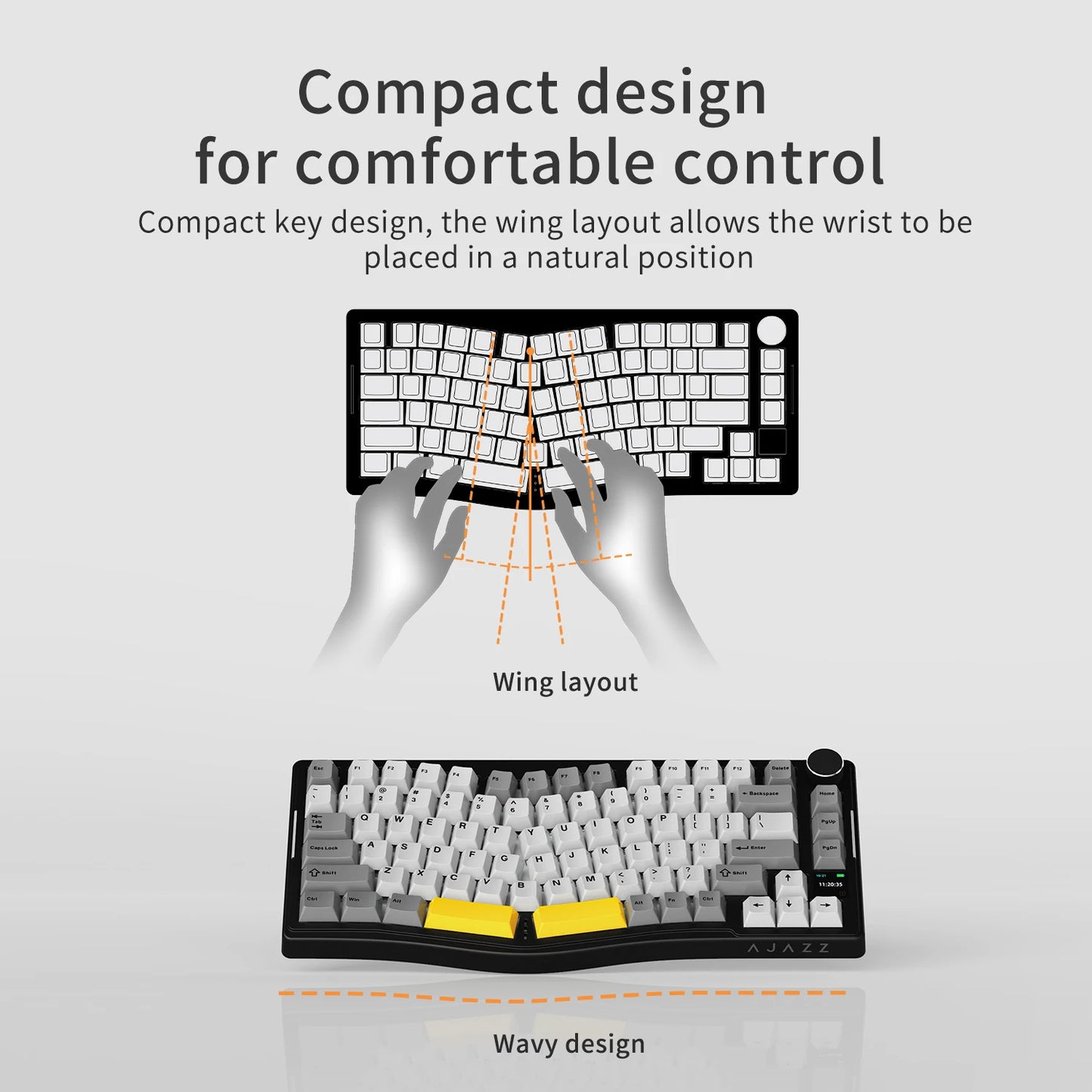 AKS075 Alice Three-Mode Mechanical Keyboard Game and Structure Ergonomic Keyboard + Custom Screen RGB DIY