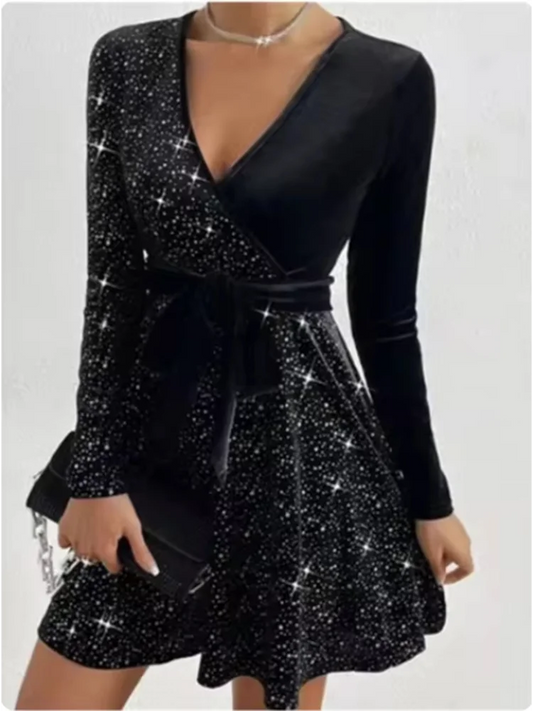Women'S V-Neck Sexy Long Sleeved Sequined Solid Color Dress High Street Fashion Elegant Party Evening Dresses