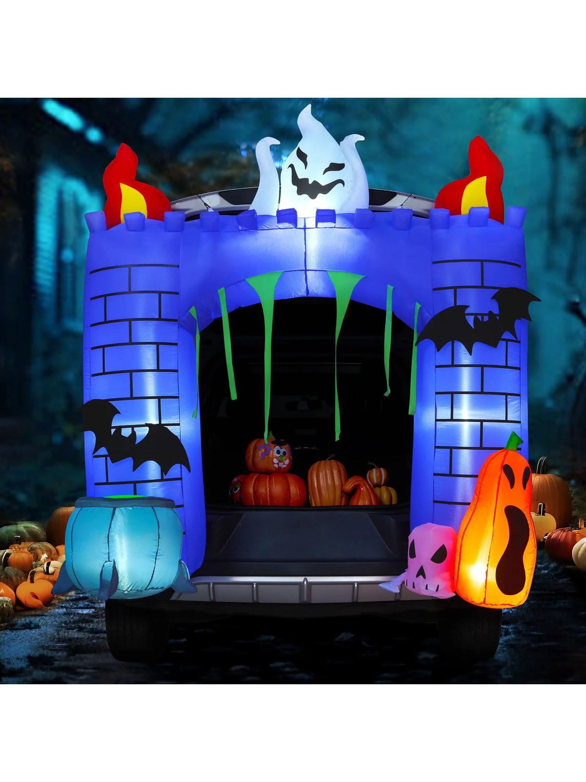 6-Foot Tall Inflatable Haunted Castle Decoration for Halloween with Ghost and Pumpkin Trunk or Treat Car Decorations Kit