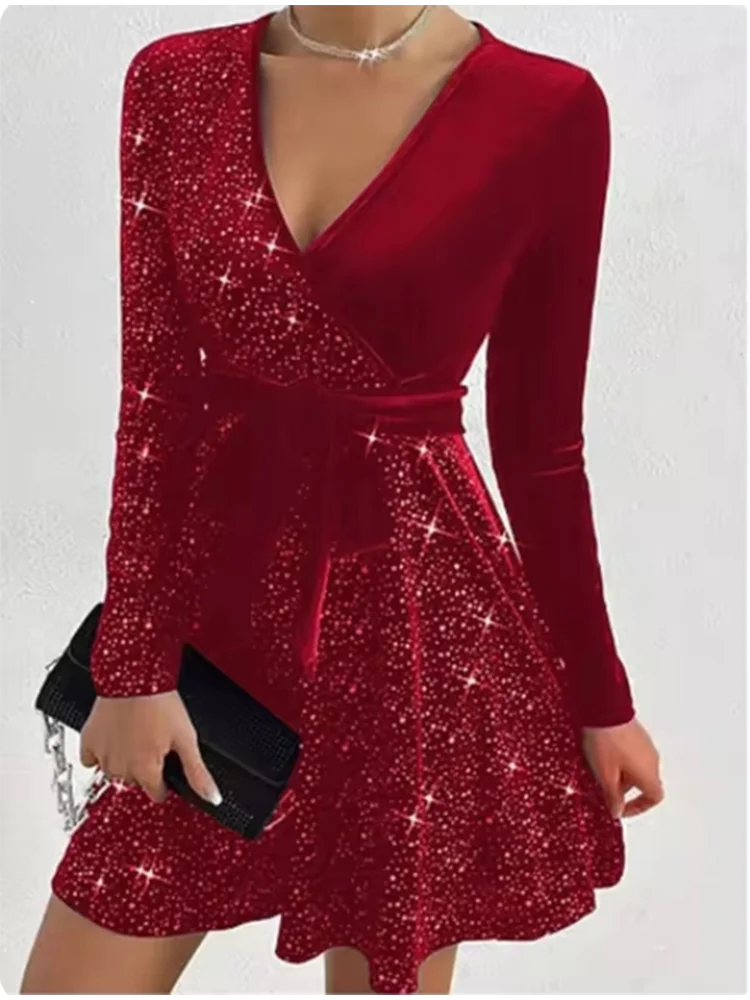 Women'S V-Neck Sexy Long Sleeved Sequined Solid Color Dress High Street Fashion Elegant Party Evening Dresses