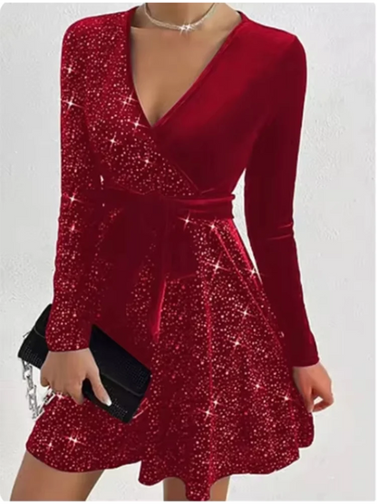 Women'S V-Neck Sexy Long Sleeved Sequined Solid Color Dress High Street Fashion Elegant Party Evening Dresses