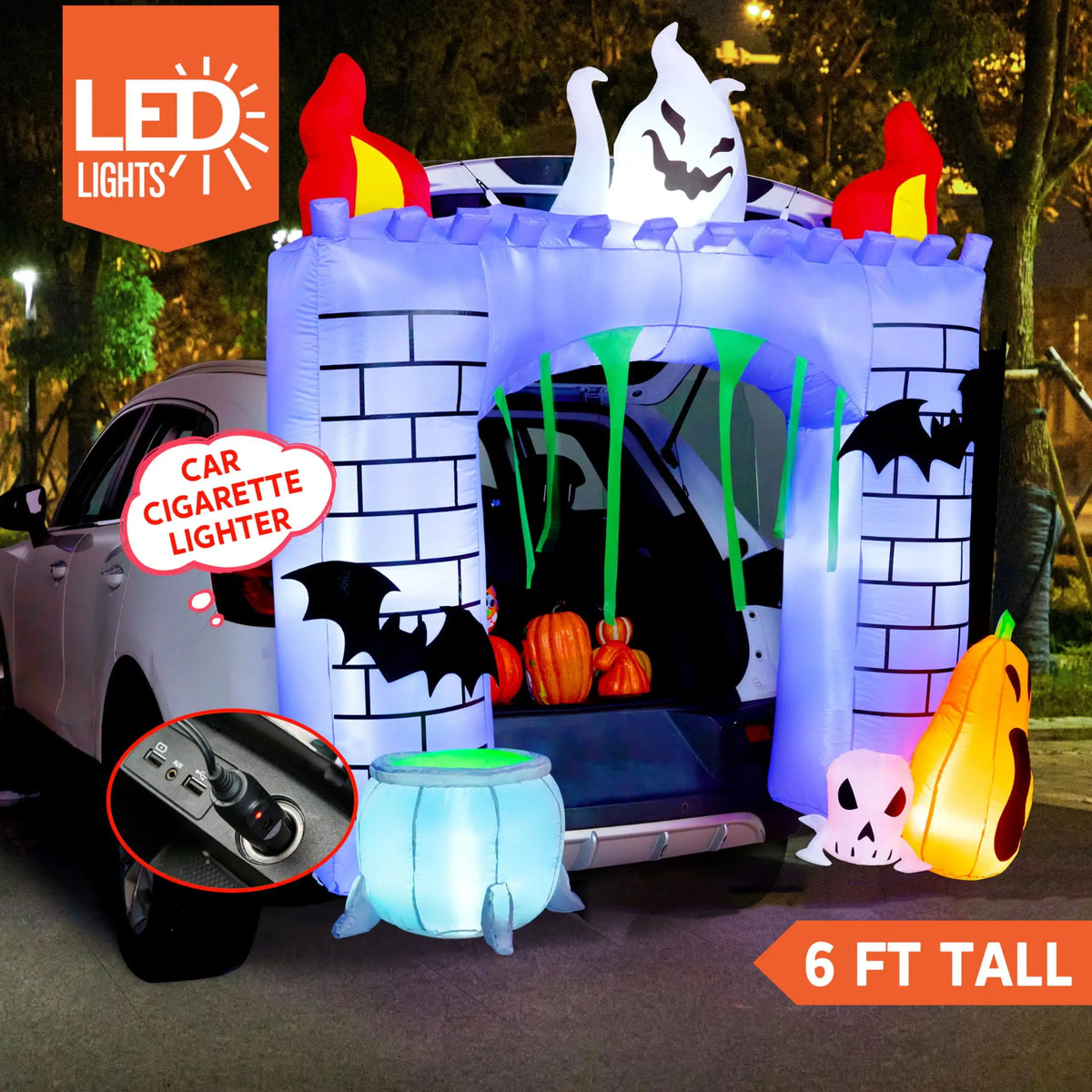6-Foot Tall Inflatable Haunted Castle Decoration for Halloween with Ghost and Pumpkin Trunk or Treat Car Decorations Kit