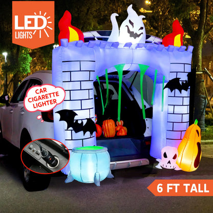 6-Foot Tall Inflatable Haunted Castle Decoration for Halloween with Ghost and Pumpkin Trunk or Treat Car Decorations Kit