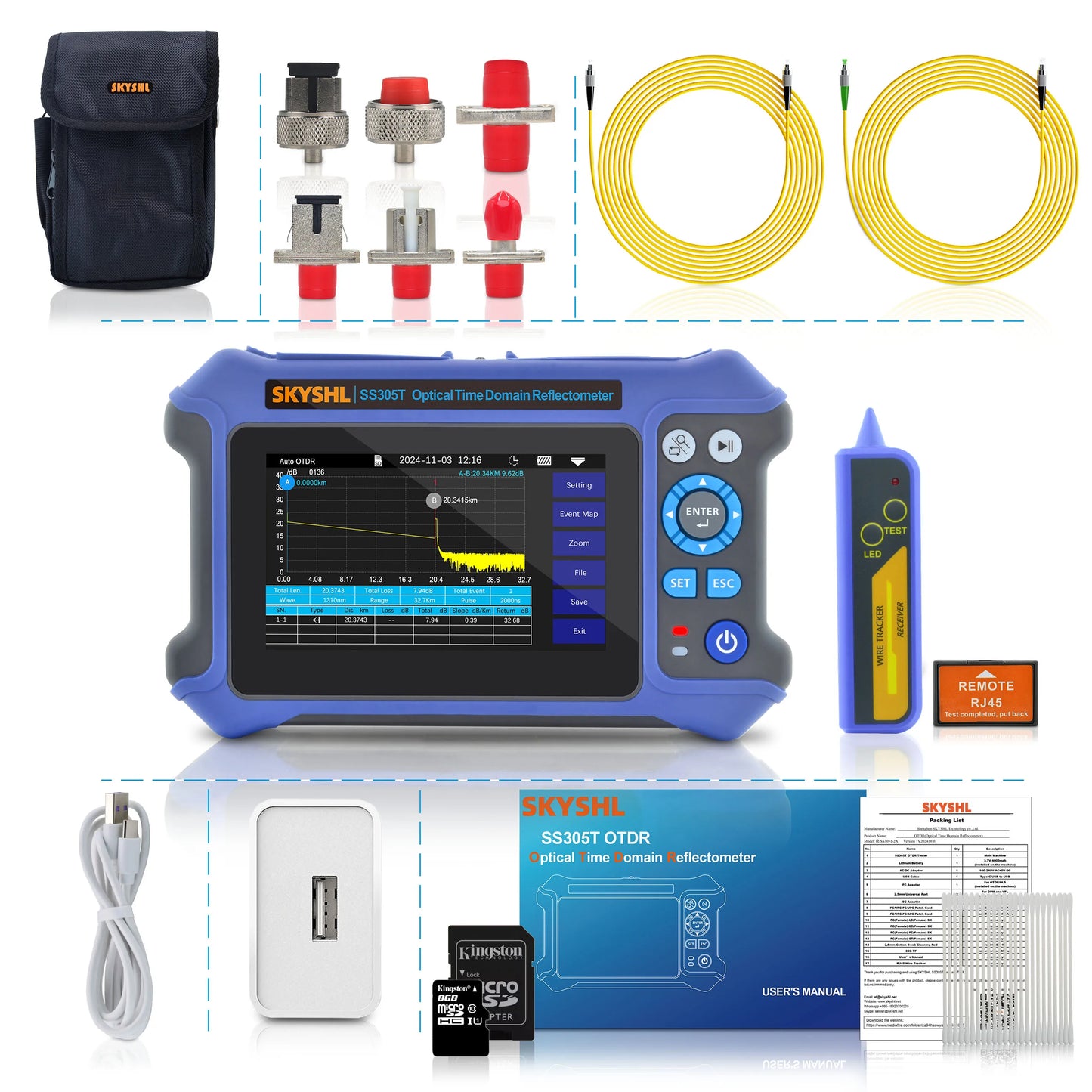 SKYSHL 1310Nm/28Db+1550Nm/26Db SM Fiber OTDR Tester Build in Opm+Ols+Vfl+Event Map Compatible with SC+FC+ST+LC/UPC&APC Connector