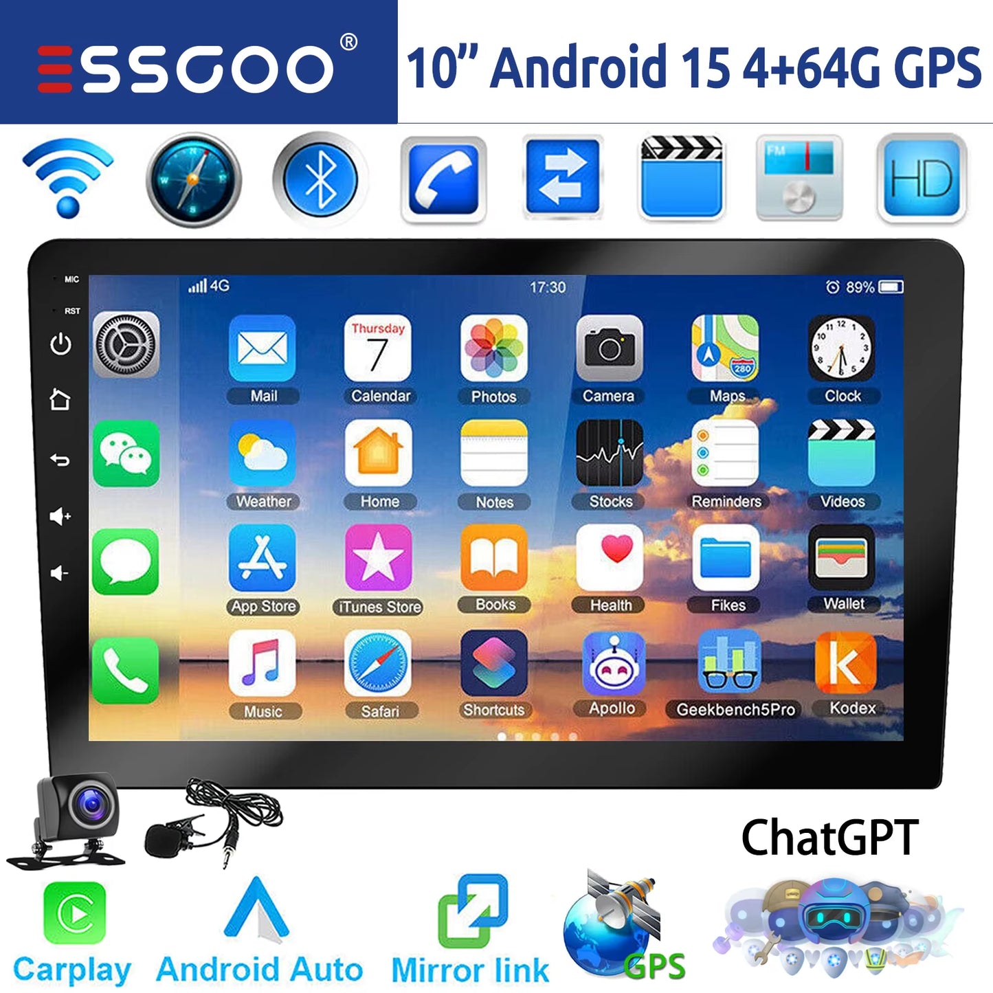 ESSGOO 7"/9"/10“ 2 DIN Android 14 4+64G Car Stereo Carplay Android Auto GPS Navi Bluetooth FM RDS Radio WIFI Touchscreen Chatgpt
