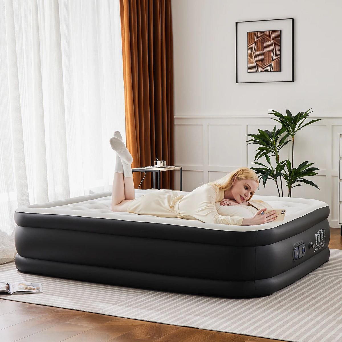 JHK Queen Twin Size Double Height Air Mattress with Non-Slip Bottom - 660 lbs Weight Capacity for Home or Camping Use