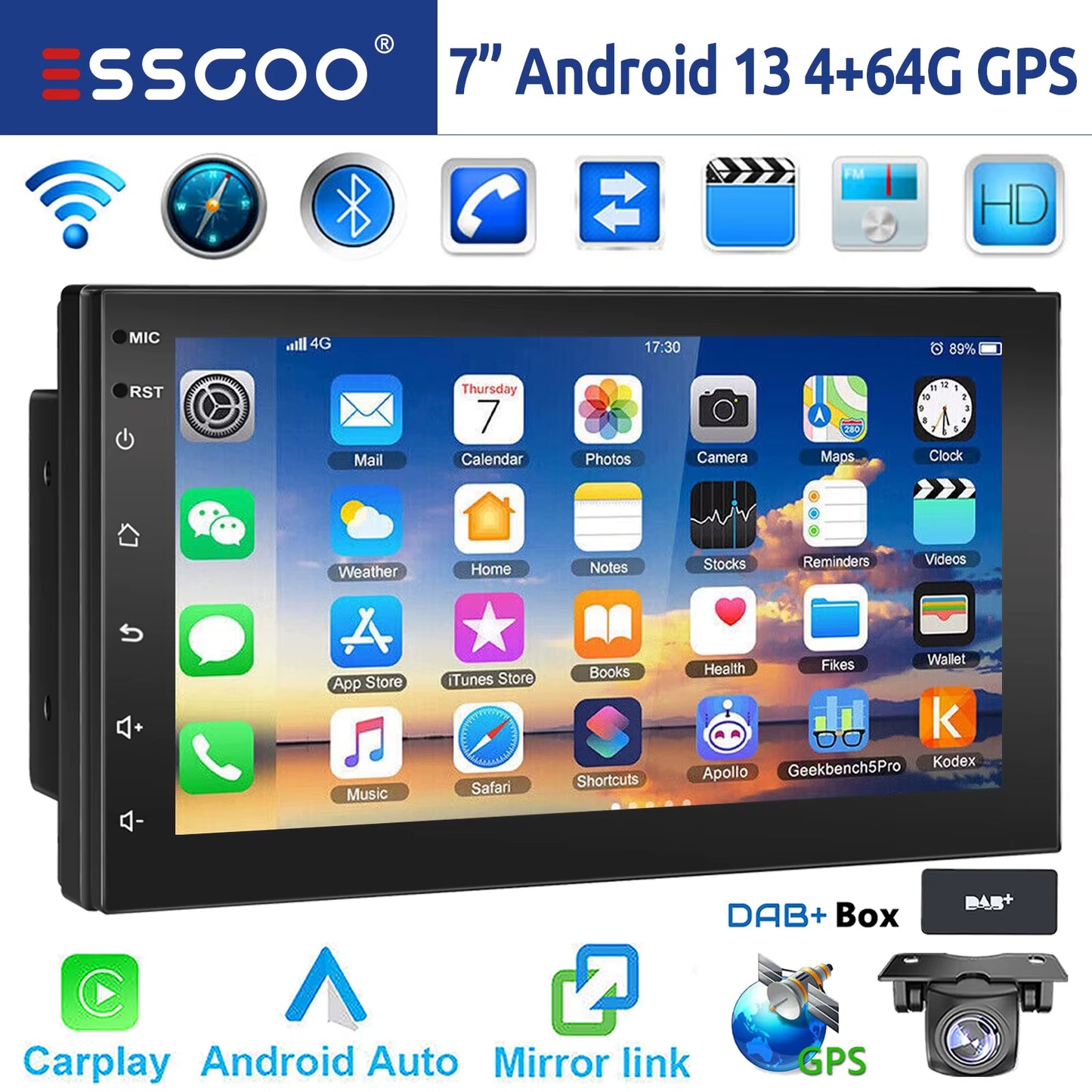 ESSGOO 7"/9"/10“ 2 DIN Android 14 4+64G Car Stereo Carplay Android Auto GPS Navi Bluetooth FM RDS Radio WIFI Touchscreen Chatgpt