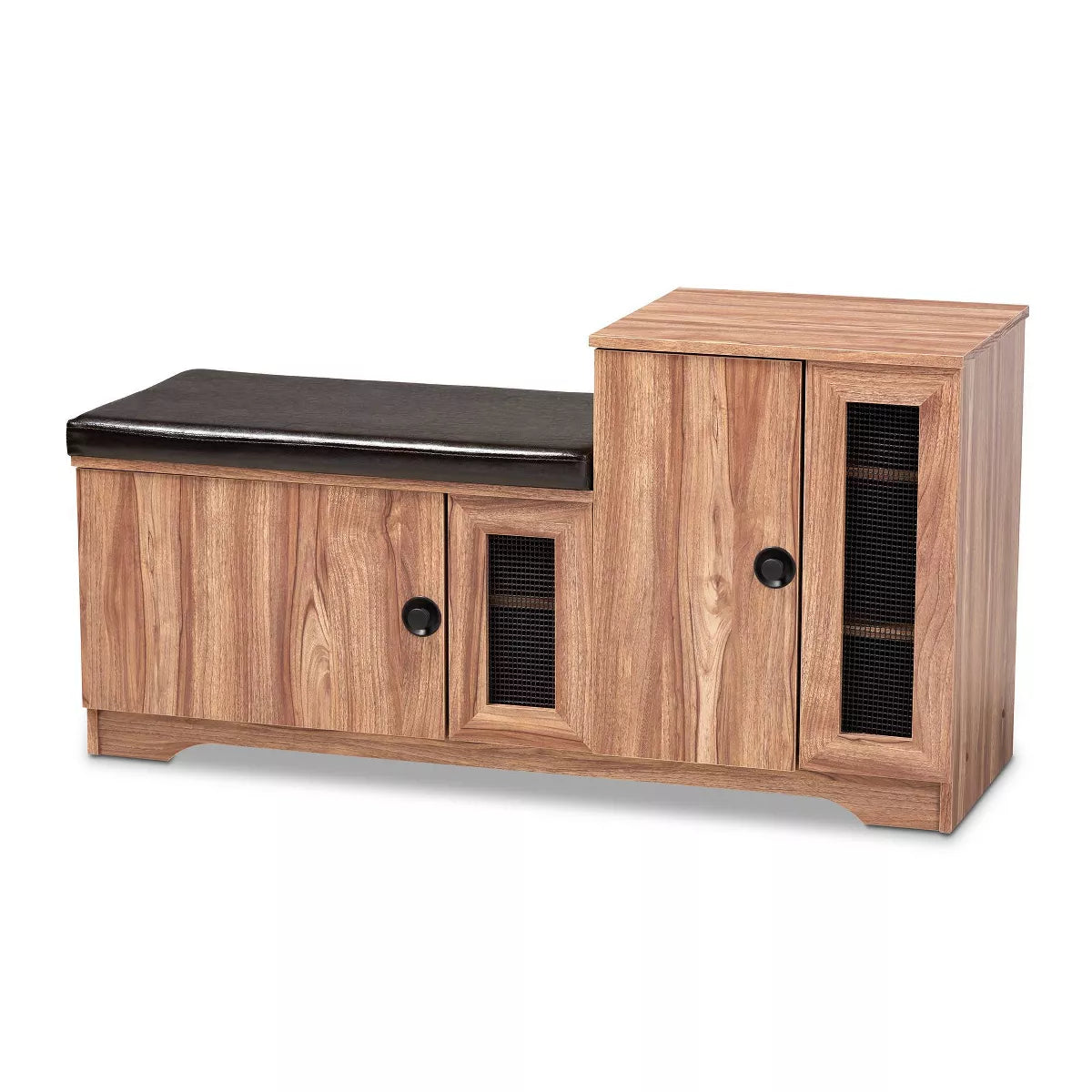 2 Door Valina Faux Leather Wood Shoe Storage Bench with Cabinet Brown - Engineered Oak Finish, 5 Shelves