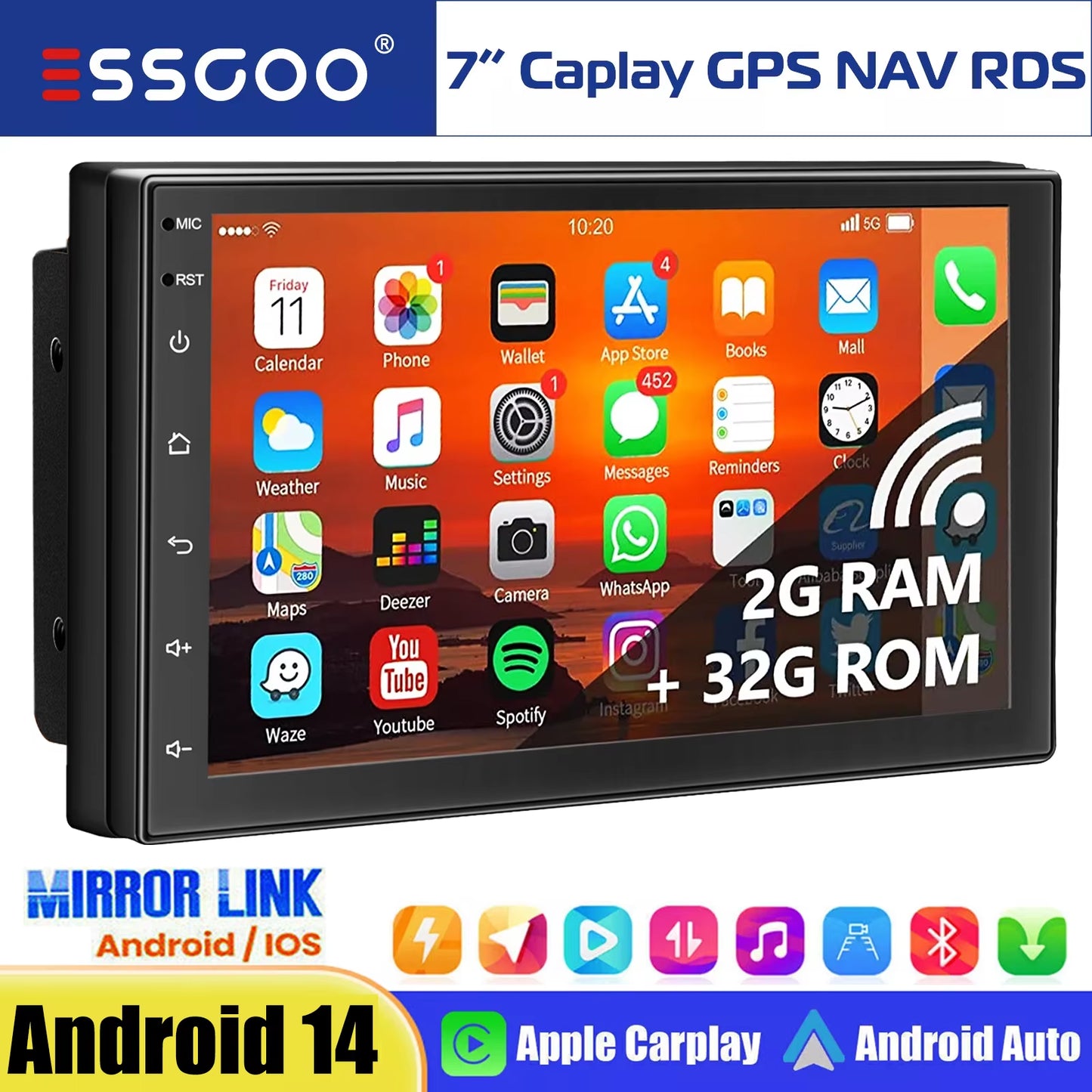 7" Double 2 DIN Android 14 Carplay Car Stereo Multimedia Video Player GPS Navigation Wifi FM/RDS Bluetooth Multimedia Fit Nissan