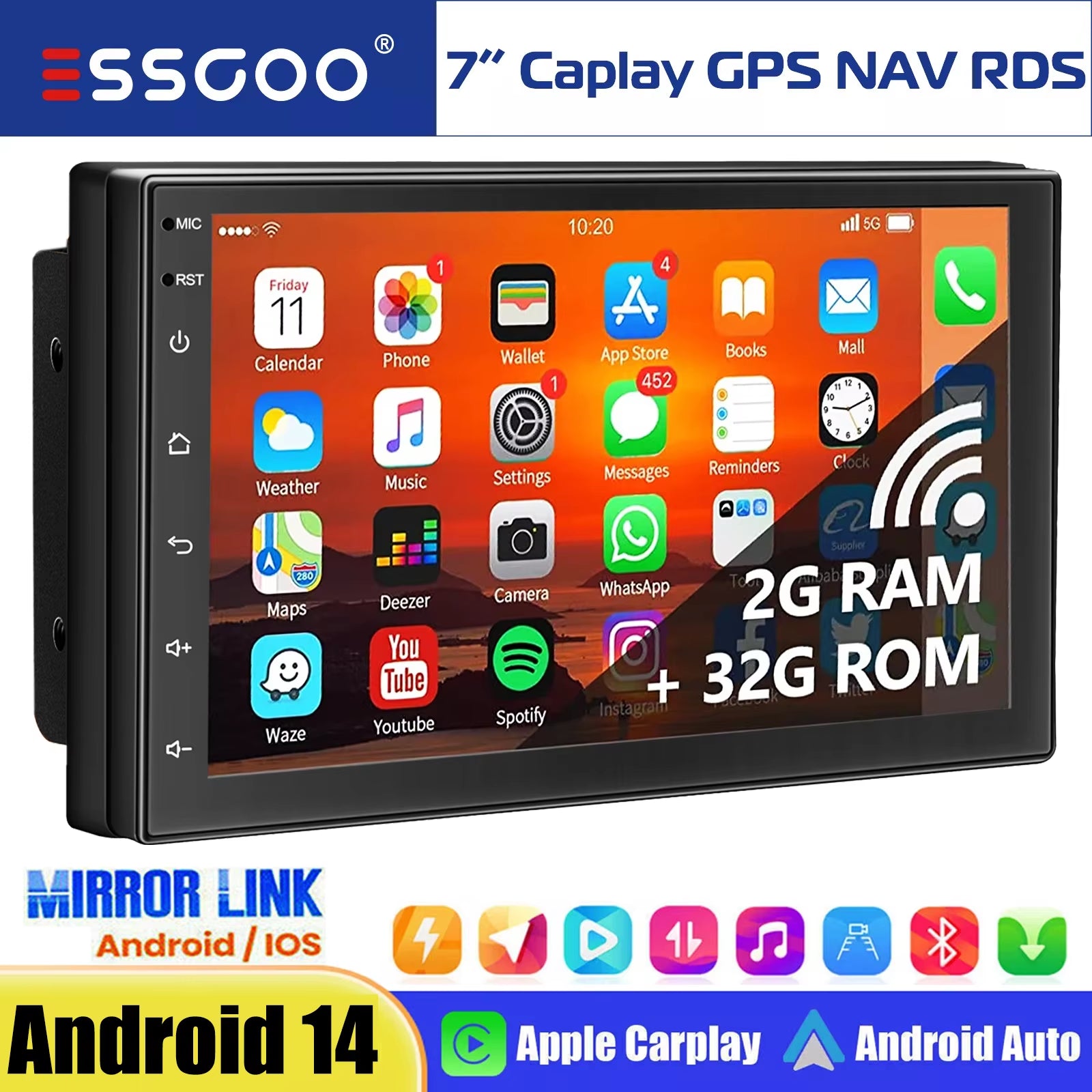 7" Double 2 DIN Android 14 Carplay Car Stereo Multimedia Video Player GPS Navigation Wifi FM/RDS Bluetooth Multimedia Fit Nissan