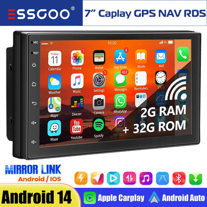 7" Double 2 DIN Android 14 Carplay Car Stereo Multimedia Video Player GPS Navigation Wifi FM/RDS Bluetooth Multimedia Fit Nissan