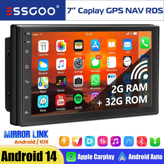 7" Double 2 DIN Android 14 Carplay Car Stereo Multimedia Video Player GPS Navigation Wifi FM/RDS Bluetooth Multimedia Fit Nissan