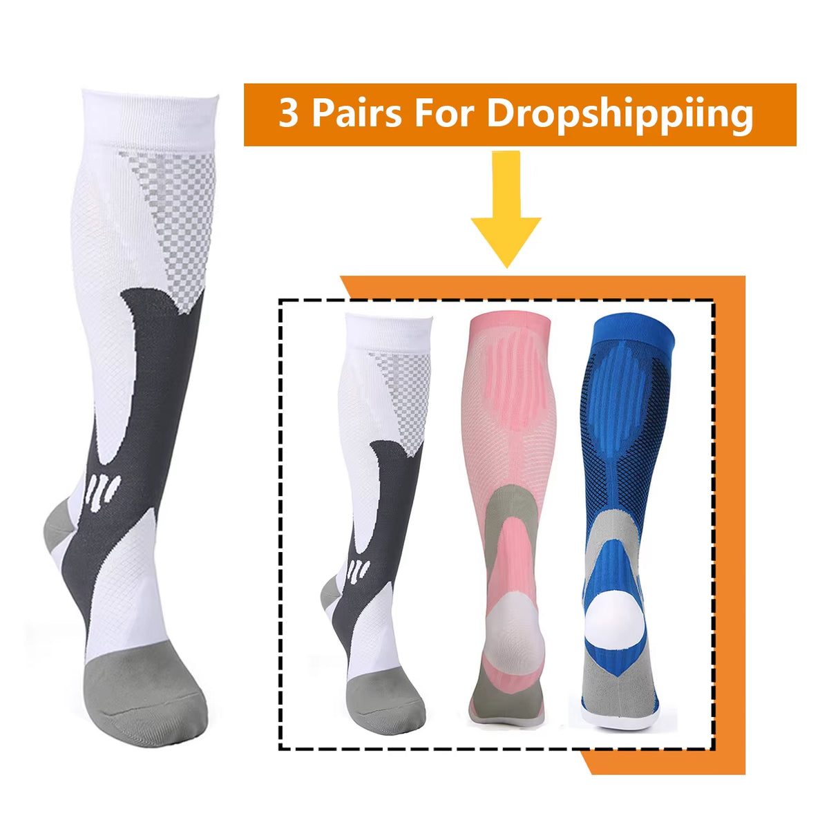 Brothock Athletic Compression Socks - 20-30 mmHg - 3 Pairs for Dropshipping - Nylon Medical Nursing Stockings