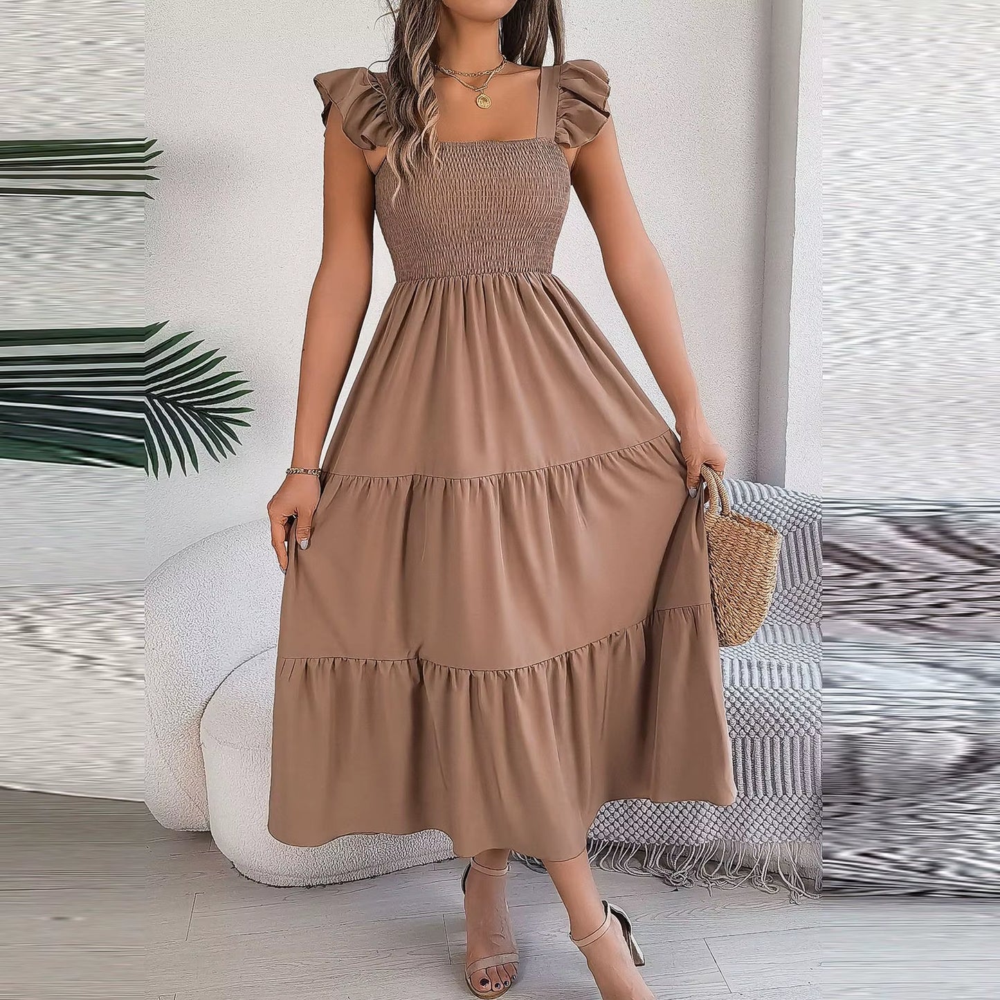 2024 Summer Solid Tank Long Dress for Women Square Collar Sleeveless A-Line Maxi Dress Backless Slim Waist Pleated Beach Dresses