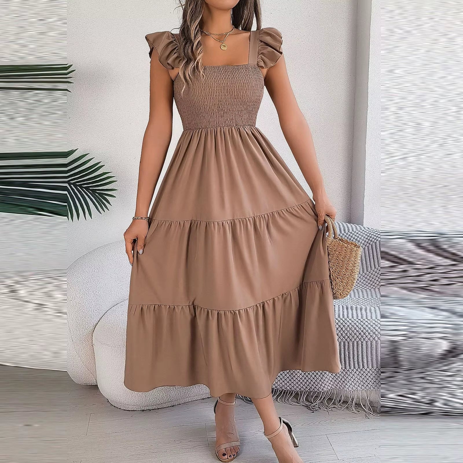2024 Summer Solid Tank Long Dress for Women Square Collar Sleeveless A-Line Maxi Dress Backless Slim Waist Pleated Beach Dresses