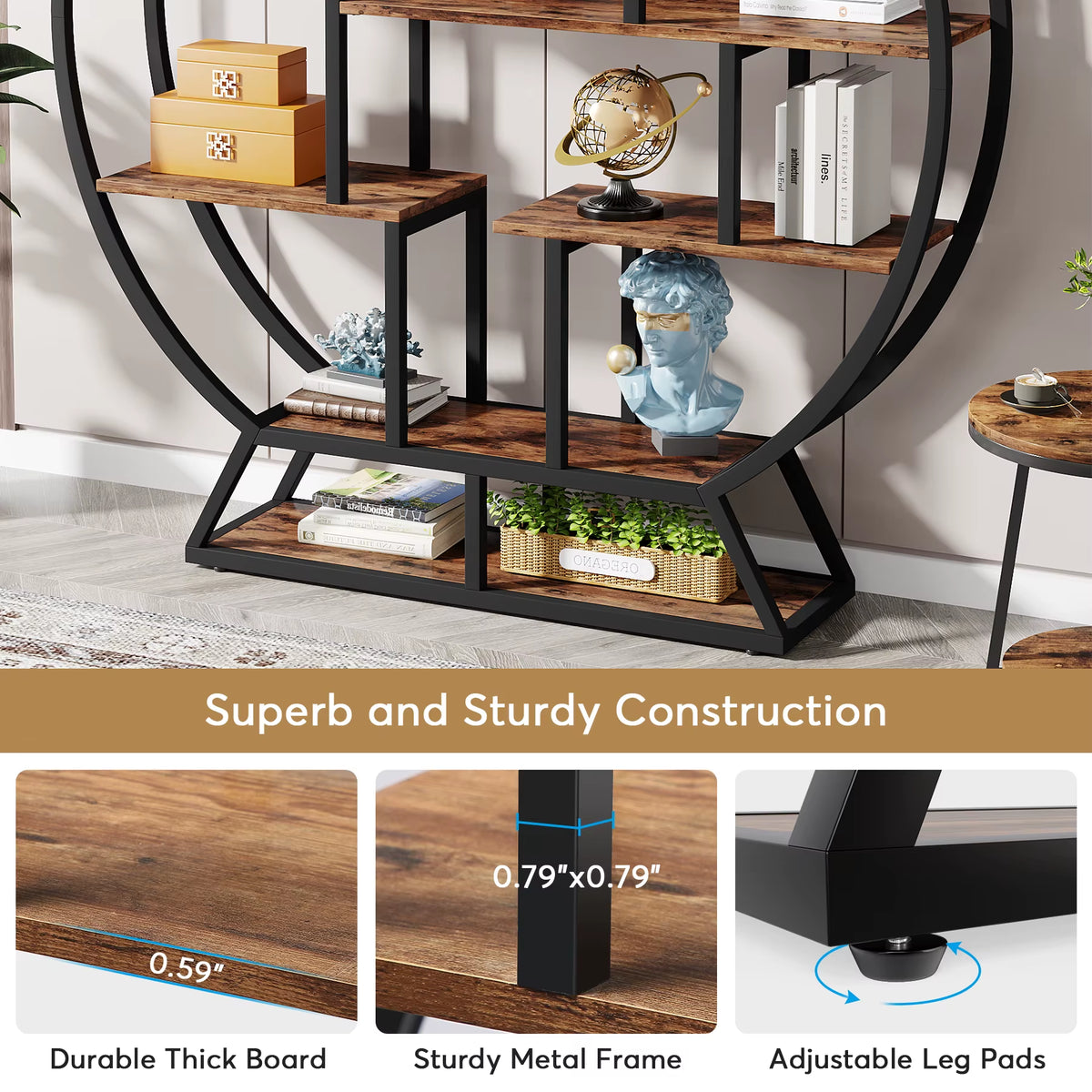 Tribesigns 63-Inch Industrial Wood Bookcase with Staggered Shelves and Round Design