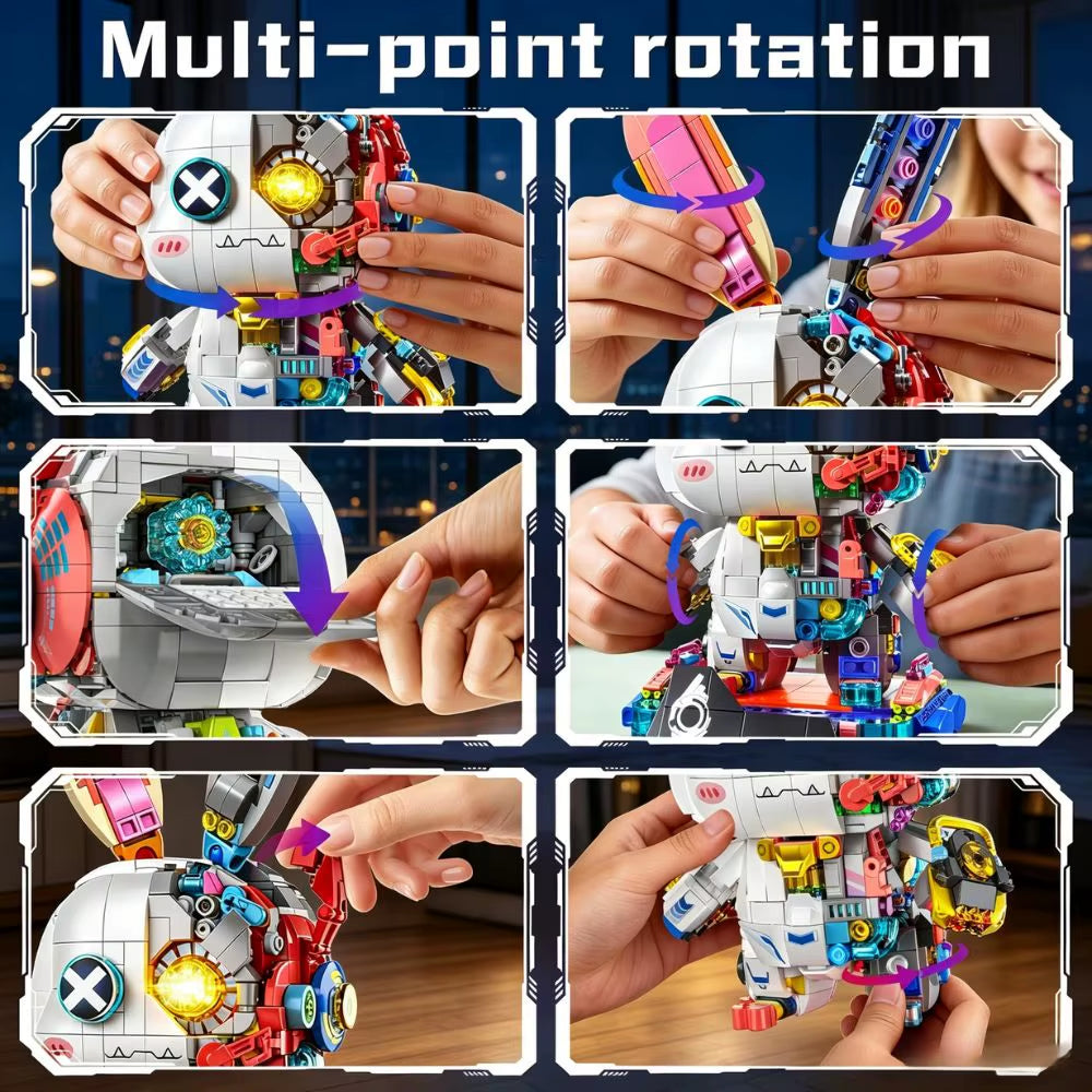 KAVOWORLD 1377-Piece Robot Rabbit Building Blocks Set with LED Light, Multi-Point Rotatable Detachable Base, DIY Cyberpunk Mecha Construction Kit for Home and Office Decor, Ideal Gift for Teens and Adults
