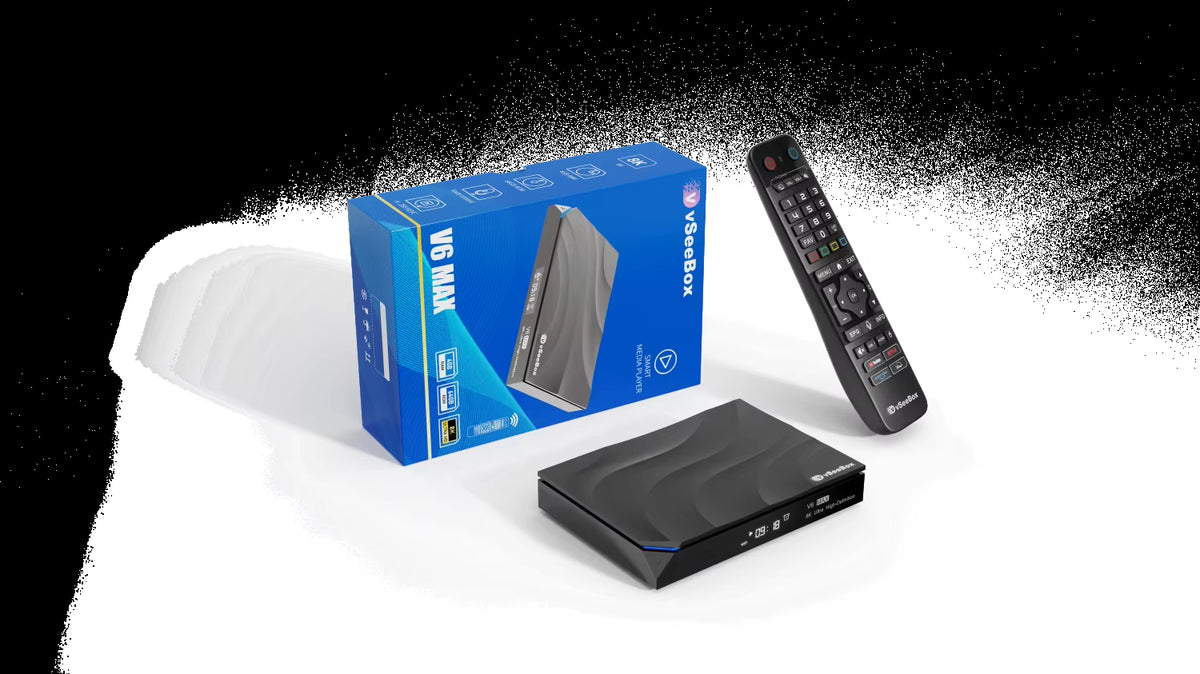 Vseebox V6 Max 2026 - Latest Model, Android 14, 4GB RAM, 64GB Storage, Voice Control, Wi-Fi 6, Parental Control, 8K HDMI, Complete Kit with Remote, HDMI Cable, Power Adapter, and Setup Guide