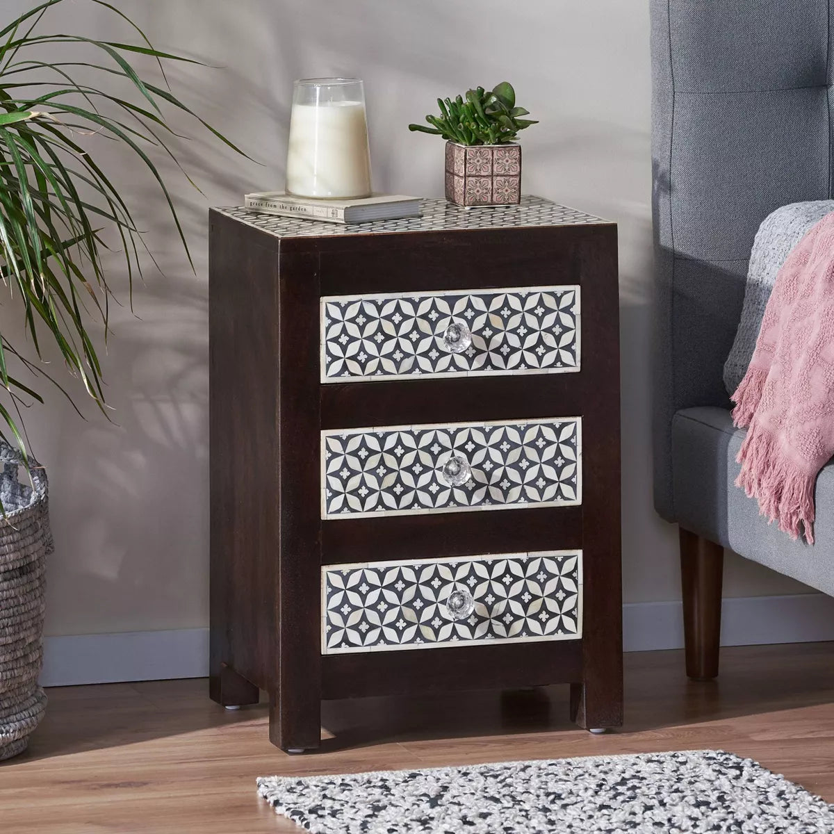 Benewah Handcrafted Boho 3 Drawer Mango Wood Nightstand - Exotic Inlay, Storage