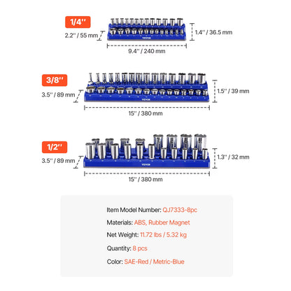 Succebuy Magnetic Socket Organizer Set - 6 or 8 Pieces, Blue and Red, for 3/8'' and 1/2'' Metric and SAE Sockets with Clear Labels for Tool Box