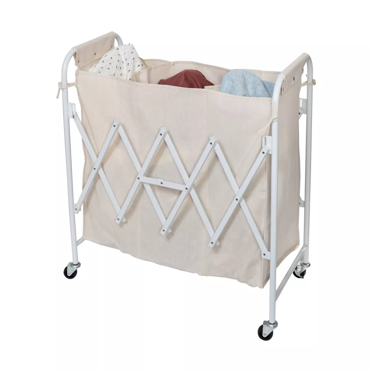Accordion Triple Sorter - White Steel Rolling Laundry Hamper with Wheels, Collapsible Open-Top Design