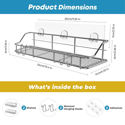 2 Pack Silver Adhesive Shower Caddy Shower Shelf Organizer for Bathroom Organization with Hooks SUS304 Stainless Steel