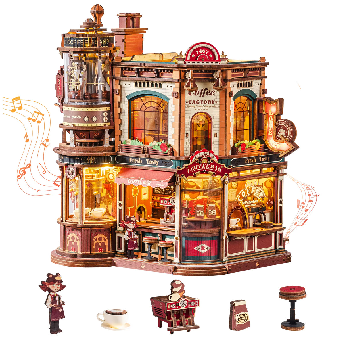 ROKR Wooden 3D Puzzle Dream Coffee Factory Music Box Model Building Kit - 593-Piece DIY Miniature House with LED Light, Unique Home Decor Gift for Adults and Women