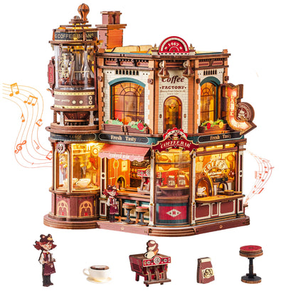 ROKR Wooden 3D Puzzle Dream Coffee Factory Music Box Model Kit - 593-Piece DIY Miniature House with LED Light - Unique Home Decor Gift for Adults and Women