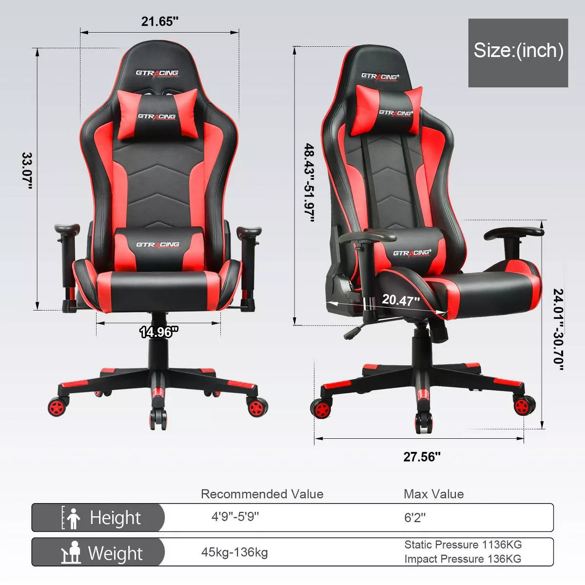 Gaming Chair with Bluetooth Speakers High Back PU Office Chair Red