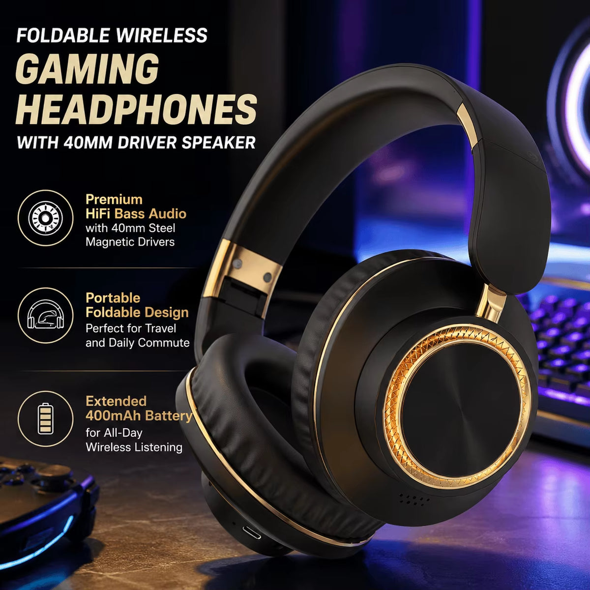 Wireless Bluetooth Gaming Headset with Foldable Design, Bluetooth 5.3 Technology, 40mm Bass Drivers, Hi-Fi Stereo Sound, Over-Ear Comfort with Memory Foam Cushion, Extended 400mAh Battery Life, Compatible with PC, Mobile Phones, Laptops, and Tablets
