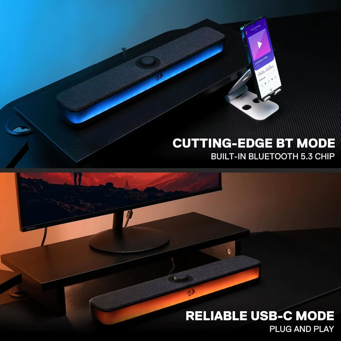 GS515 RGB Desktop Soundbar 2.0 Channel Stereo Computer Speakers for Desktop Bluetooth 5.3, USB-C/USB Powered, Black