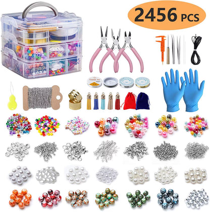 Deluxe 2456-Piece DIY Bead Jewelry Making Kit - Comprehensive Beads, Findings, and Accessories for Crafting Unique Bracelets and Necklaces
