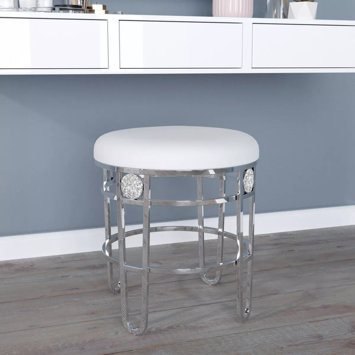 Dessa Glam Metal Vanity Stool Chrome - round Makeup Seat, Faux Leather
