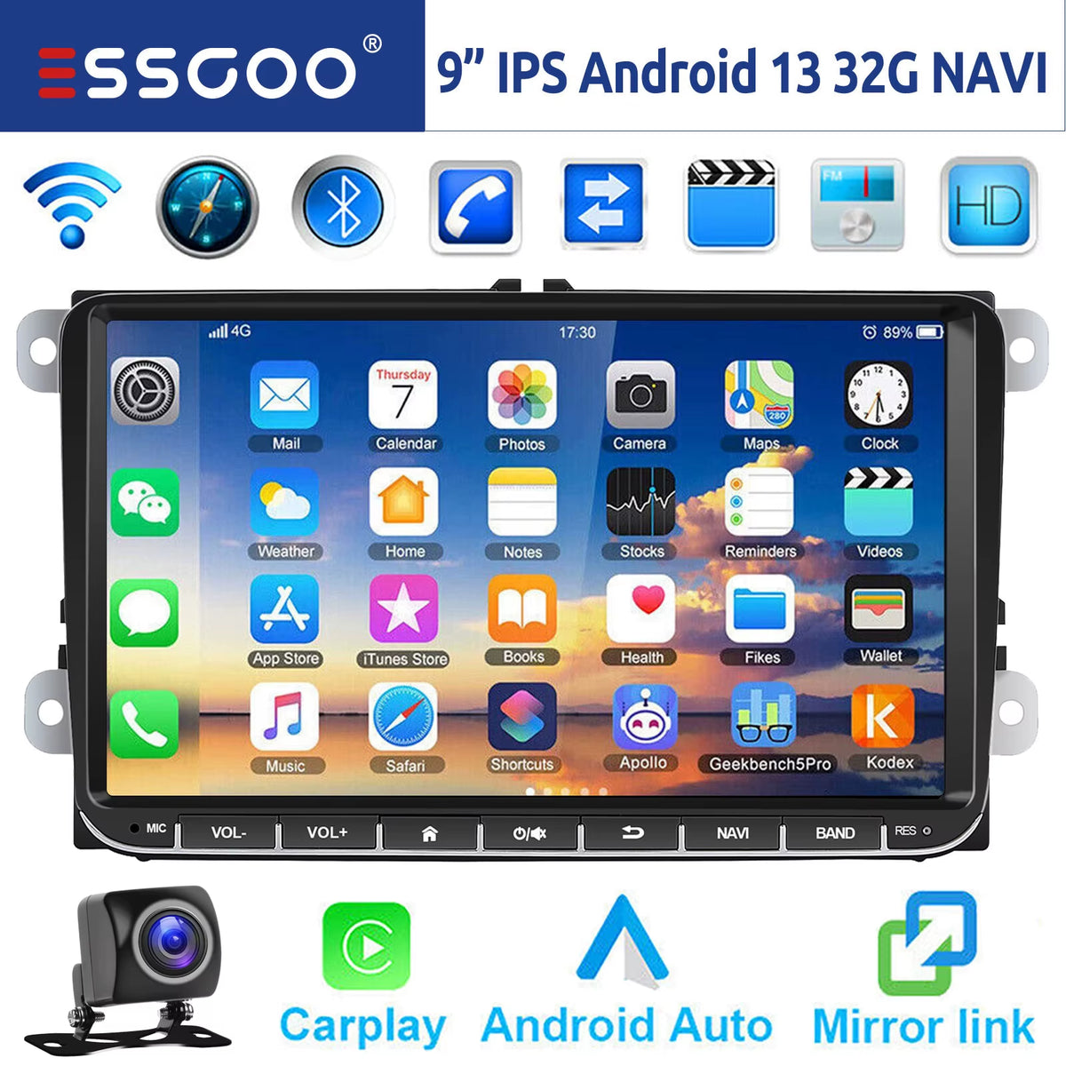 9-Inch Android 14 Car Stereo with 4G+64G, Wireless CarPlay, GPS Navigation, WiFi, RDS FM, Bluetooth, and Equalizer for VW Golf 5/6, Passat, Polo, Touran, Tiguan, Caddy, and EOS