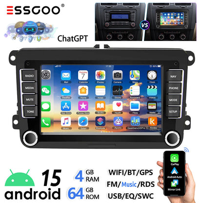 ESSGOO 7-Inch Android Car Stereo with 4G RAM, 64G Storage, Apple CarPlay, ChatGPT, GPS, WiFi, RDS, and Bluetooth Compatibility for VW Golf 5/6, Passat, Polo, Touran, Tiguan, Caddy, and EOS